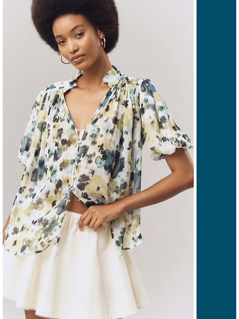 NWT The Estela Sheer Printed Blouse: Short Sleeve Edition Blue Floral SP Boho